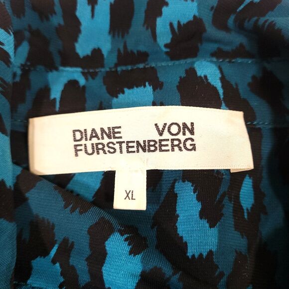 Diane Von Furstenberg Animal Print Dress XL Blue Cheetah Button Up Viscose Tie - Picture 8 of 15